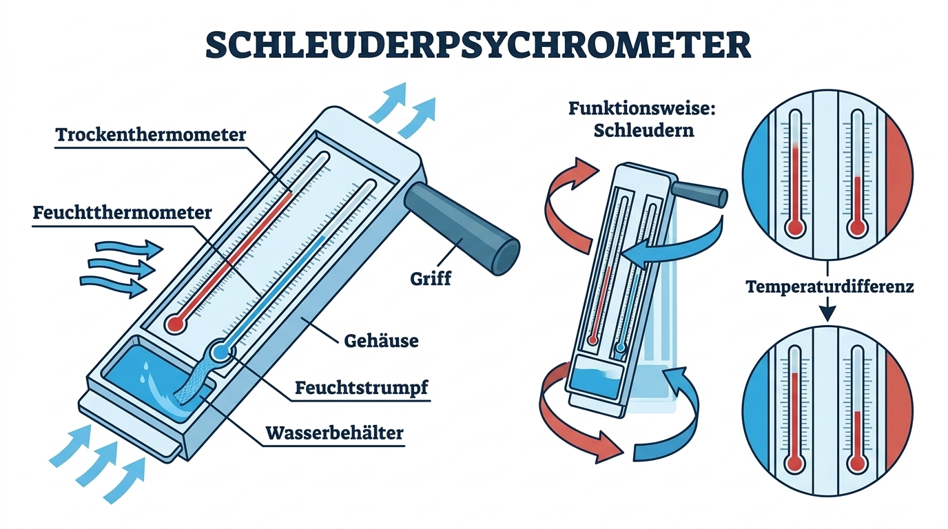 Illustration eines Schleuderpsychrometers mit zwei Thermometern, Halterahmen, Griff und befeuchtetem Docht
