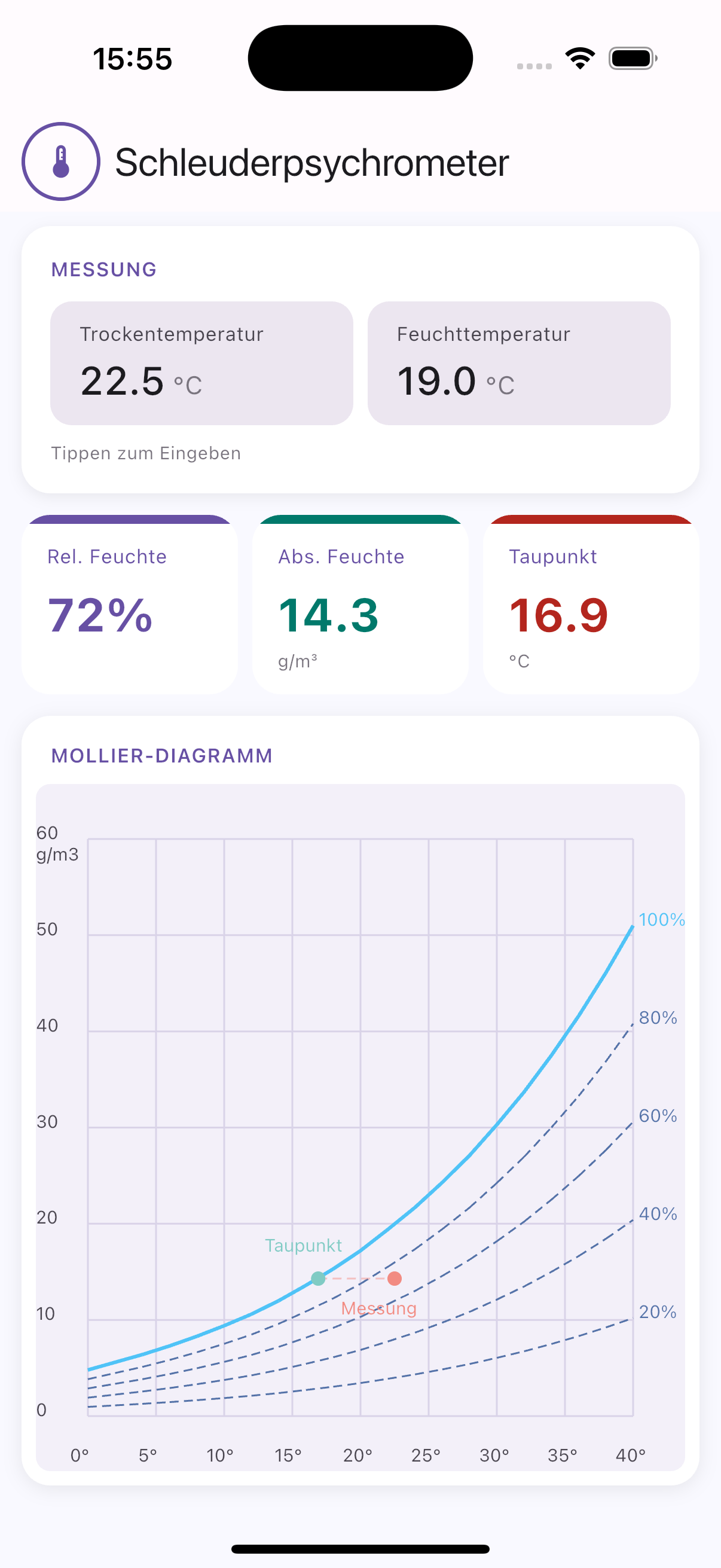 Screenshot der Sling Psychrometer App mit Eingabe von Trocken- und Feuchttemperatur sowie Anzeige von relativer Feuchte, absoluter Feuchte und Taupunkt